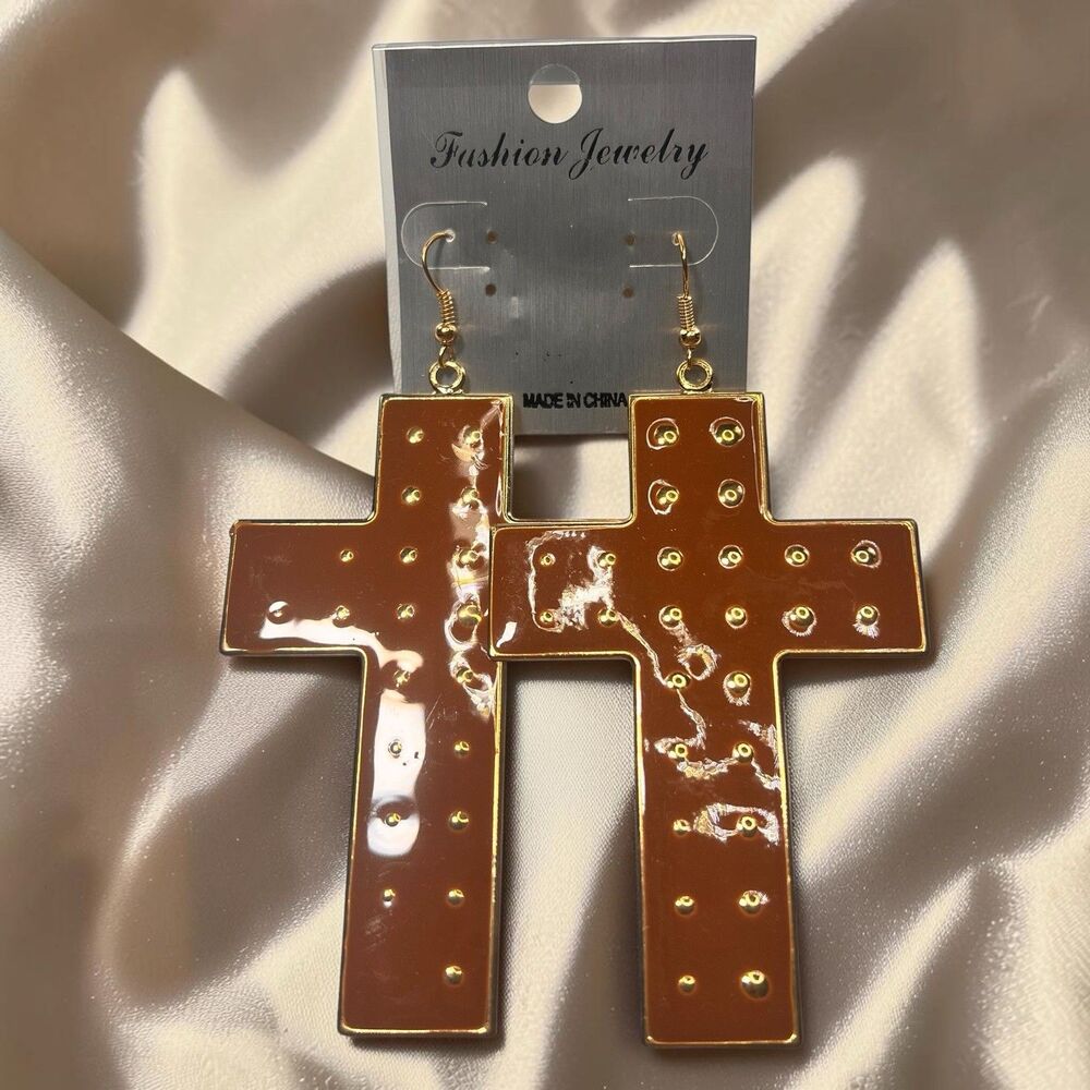 Cross Dangle Drop Earrings Religious Faith Cross Golden Toned Metal Brown Women